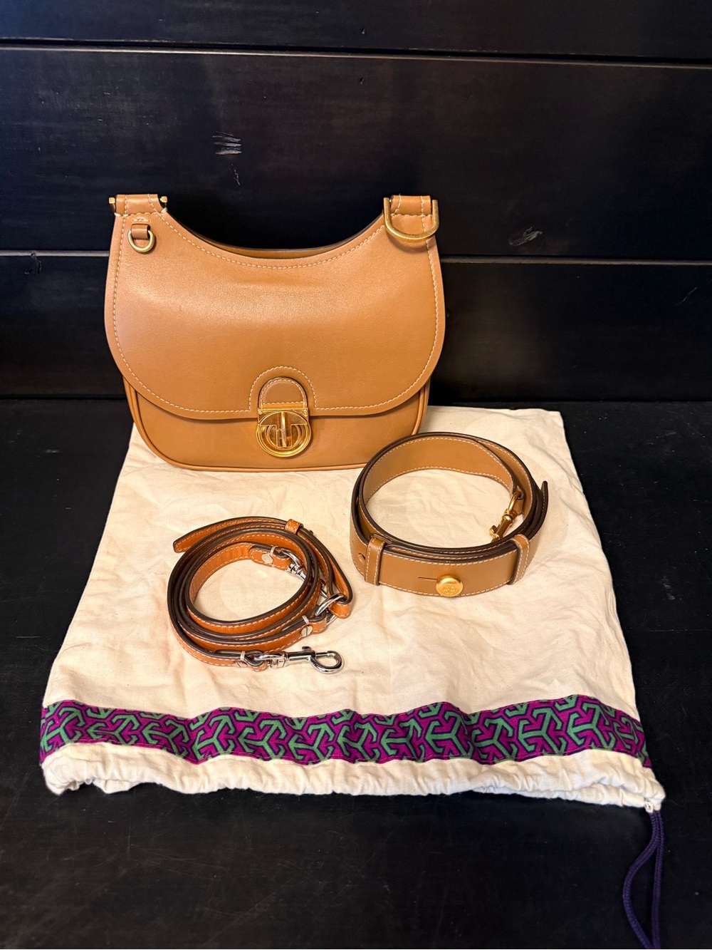 Tory Burch James Tan Leather Saddle Bag with Gold Hardware